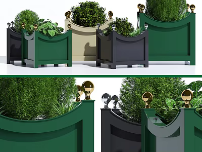 Colorful Garden Planters With Golden Decorative Balls And Green Shrubs 3d model