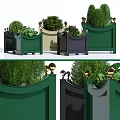 Colorful Garden Planters With Golden Decorative Balls And Green Shrubs
