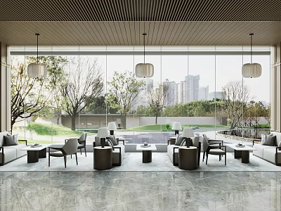 Modern Lounge Area With Large Windows Outdoor City View Pendant Lights And Comfortable Seating 3d model