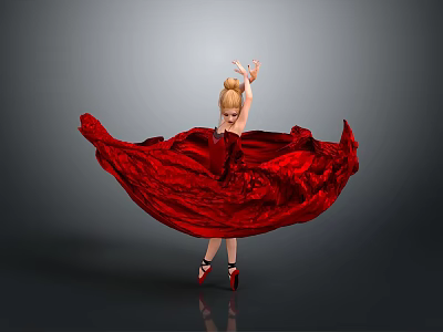 Graceful Female Dancer Wearing Red Flowing Dress Against Grey Background 3d model