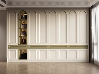 Modern Wardrobe With White Arched Doors Bottom Drawers And Built in Display Shelves 3d model