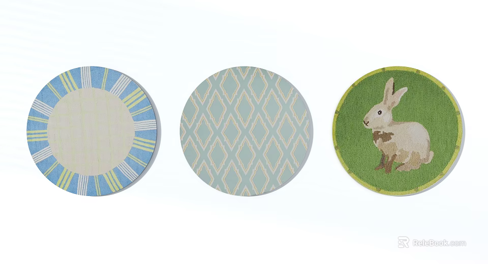 Three Round Rugs With Striped Diamond Pattern And Rabbit Motif Design 3d model