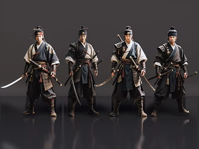 Four Men in Traditional Attire Holding Swords Standing in Upright Posture 3d model