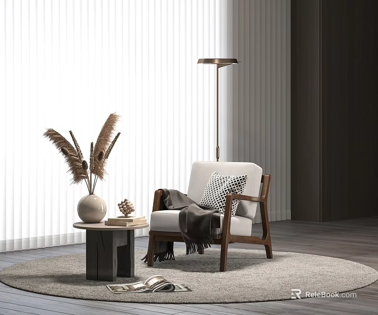 Stylish White Accent Chair With Wooden Arms Cozy Throw And Floor Lamp On Round Rug 3d model 