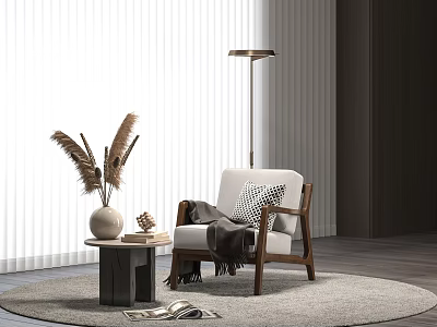 Stylish White Accent Chair With Wooden Arms Cozy Throw And Floor Lamp On Round Rug 3d model