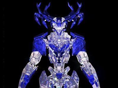 Futuristic Game Movie Character With Blue Transparent Crystal Armor And Antler Headdress 3d model