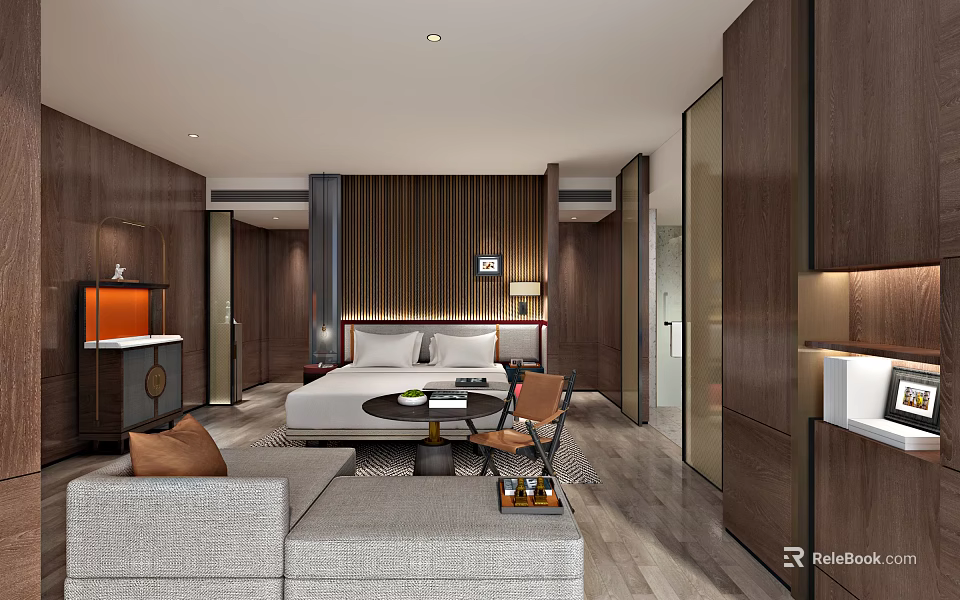 Modern Hotel Room Interior With Wooden Decor Bed Sofa And Ambient Lighting 3d model 