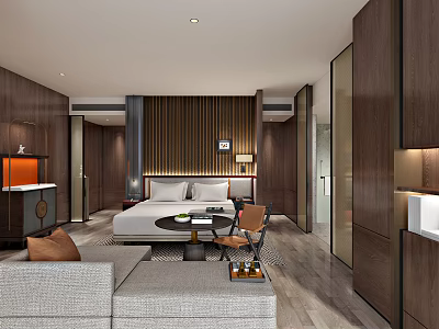 Modern Hotel Room Interior With Wooden Decor Bed Sofa And Ambient Lighting 3d model