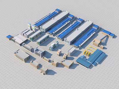 Large Scale Industrial Factory With Multiple Buildings Blue Roofs And Aerial Layout 3d model