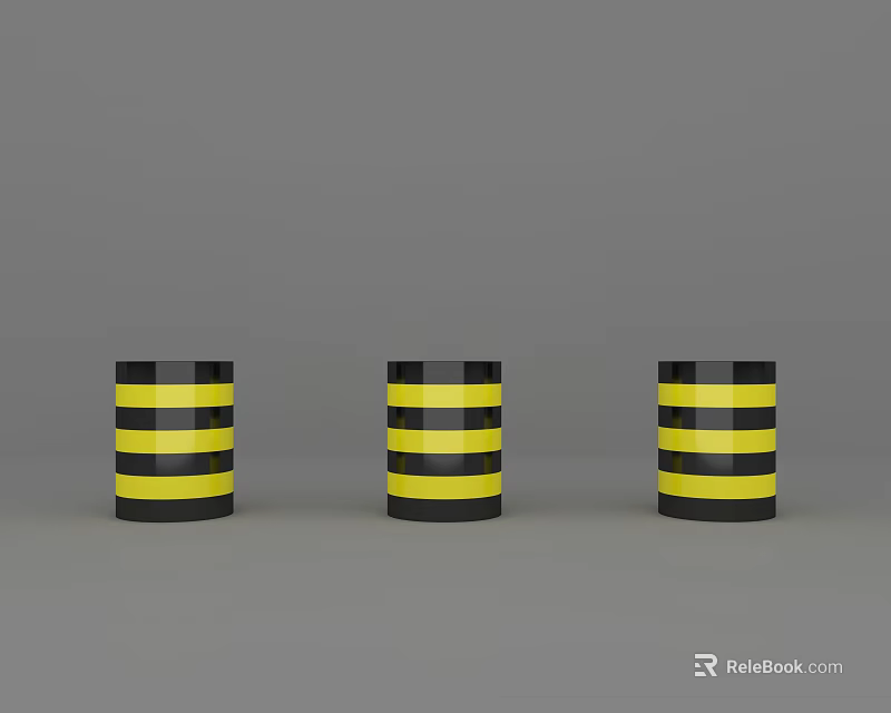Three Yellow And Black Striped Cylindrical Road Traffic Safety Bollards 3d model 