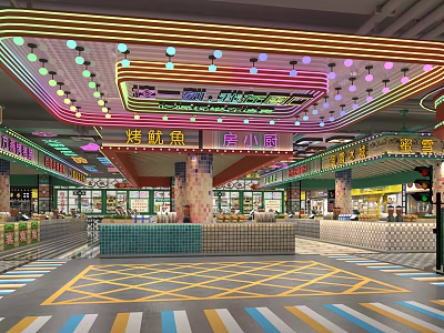 Vibrant Restaurant Space With Colorful Neon Lights Grilled Squid Stalls And Patterned Flooring 3d model