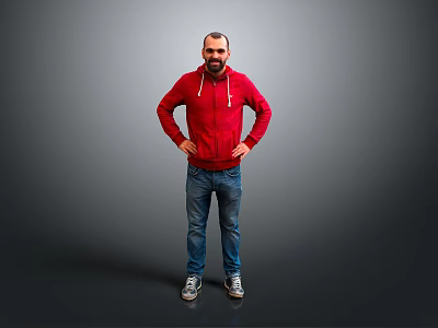 Man In Red Hoodie And Blue Jeans Standing With Hands On Hips Against Gray Background 3d model