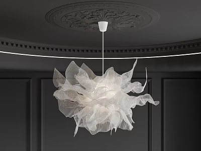 Elegant White Flower Shaped Chandelier In Modern Interior With Dark Walls And Decorative Ceiling 3d model