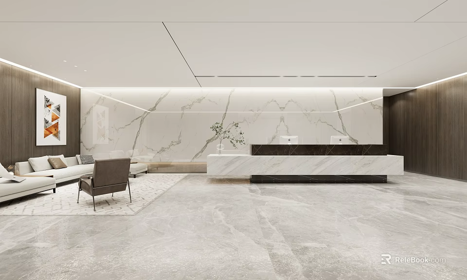 Elegant Modern Hotel Lobby With Marble Walls Reception Desk Sofa Area And Decorative Painting 3d model 
