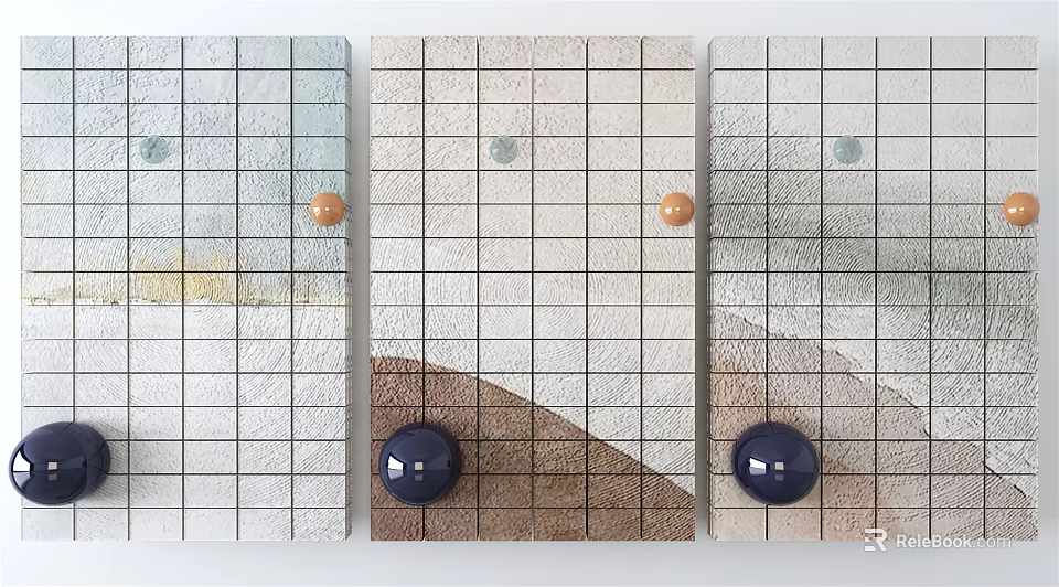 Modern Grid Pattern Wall Decor With Blue Orange Spheres And Light Brown Gradient 3d model