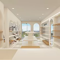 Modern Shoe Store Interior With Curved Wall White Shelves Display Tables And Shoes