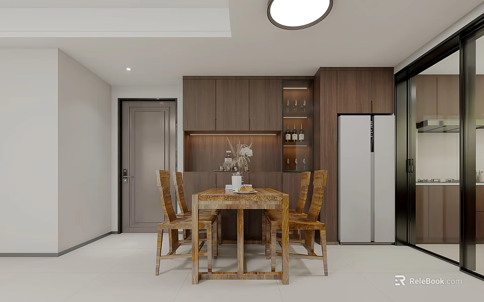 Modern Open Dining Living Room Interior Design With Wooden Cabinets Dining Table And Chairs 3d model 
