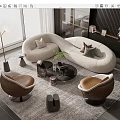Modern Living Room Interior Design With Curved White Sofa Brown Armchairs And Round Coffee Table