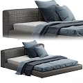 Modern Double Platform Bed With Woven Upholstered Headboard Gray Frame Blue Pillows And Blanket 3d model