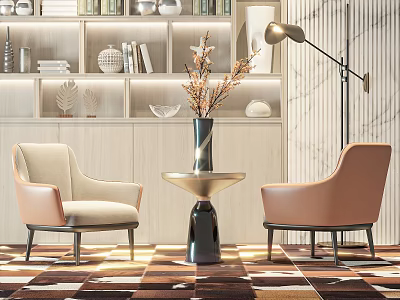 Modern Beige And Blush Lounge Chairs With Side Table Vase Floor Lamp On Patterned Rug 3d model
