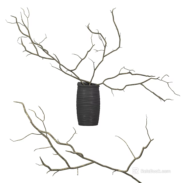 Elegant Black Ribbed Vase With Bare Branches For Minimalist Home Decor 3d model
