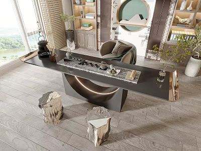 Modern Tea Table and Chairs with Marble Top and Comfortable Seating in Living Room 3d model
