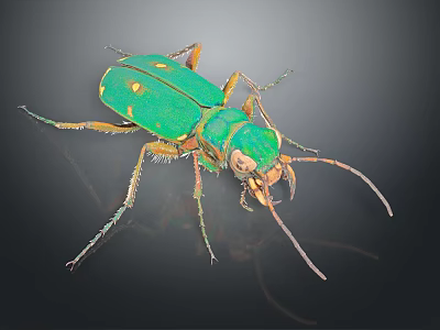 Green Beetle With Yellow Spots Long Antennae And Legs On Dark Background 3d model