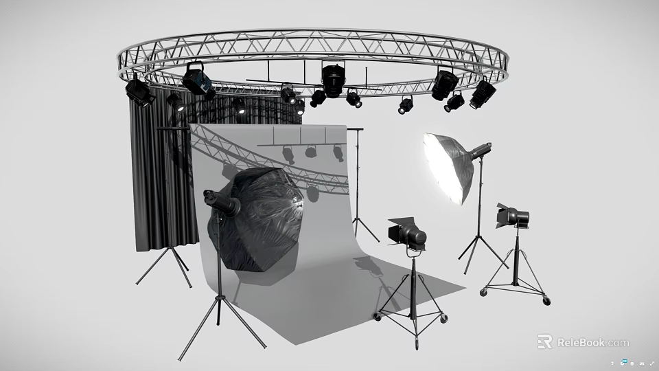 Professional Commercial Studio Lighting Equipment With Circular Truss Frame Multiple Fixtures Softboxes And Backdrop Stands 3d model 