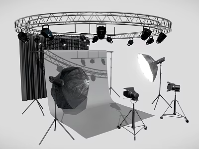 Professional Commercial Studio Lighting Equipment With Circular Truss Frame Multiple Fixtures Softboxes And Backdrop Stands 3d model