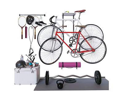 Sports Equipment Collection Featuring Bicycle Tennis Rackets Dumbbells Barbell Yoga Mat And Exercise Ball 3d model