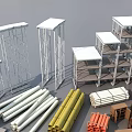 Industrial Equipment Components Including Metal Frames Storage Racks Pipes And Wooden Crates
