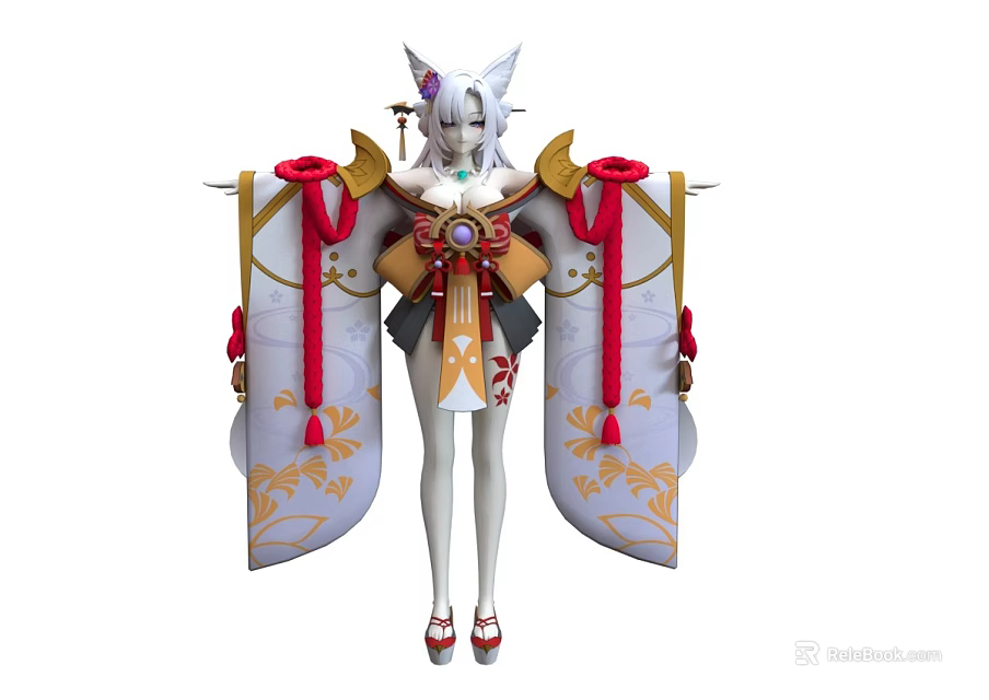 Elegant White Haired Woman With Fox Ears In Traditional Outfit Red Gold Decorations Flowing Ribbons 3d model 