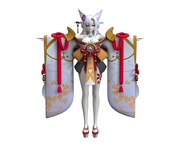 Elegant White Haired Woman With Fox Ears In Traditional Outfit Red Gold Decorations Flowing Ribbons 3d model