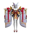 Elegant White Haired Woman With Fox Ears In Traditional Outfit Red Gold Decorations Flowing Ribbons