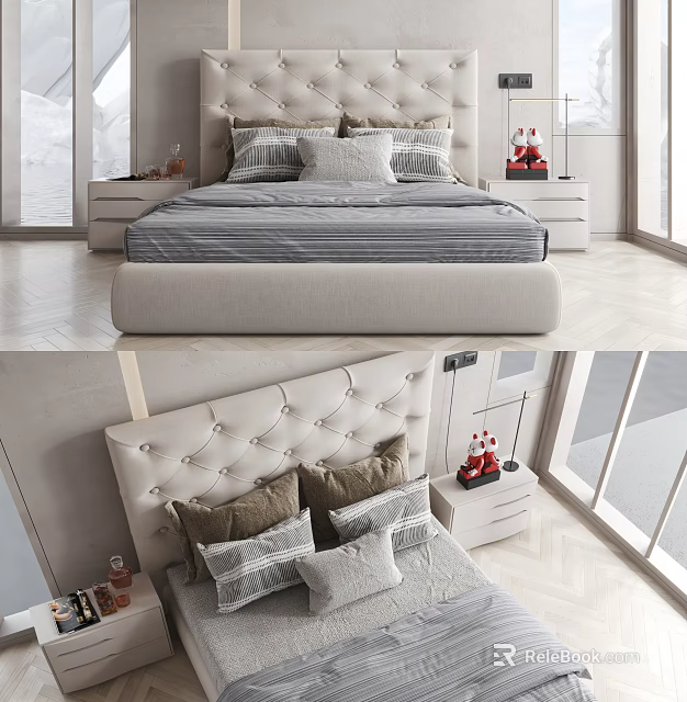 Modern Double Bed With Upholstered Headboard Multiple Pillows And Bedside Tables 3d model