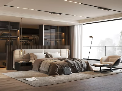 Modern Bedroom Interior Design With Upholstered Headboard Accent Chair Large Window And Wooden Floor 3d model