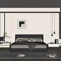 Modern Minimalist Bedroom Interior With Gray Headboard Decorative Painting Desk Green Plant And Rug