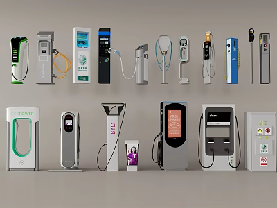 Various Electric Vehicle Charging Stations With Different Designs And Features 3d model
