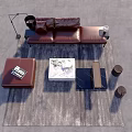 Modern Brown Leather Sofa Coffee Table Set With Marble Top Gray Rug And Ottoman 3d model