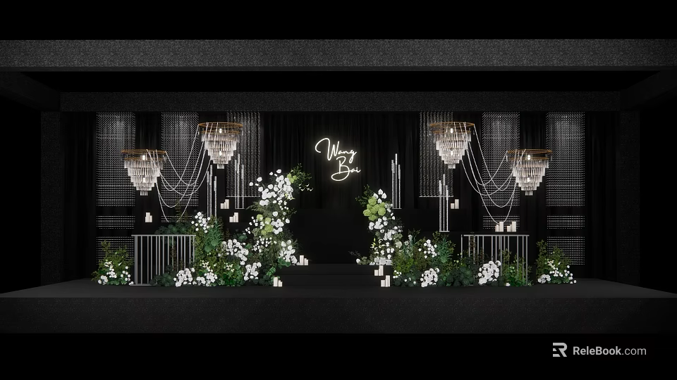 Elegant Wedding Stage Design With Crystal Chandeliers White Flowers And Mr Mrs Signage 3d model 