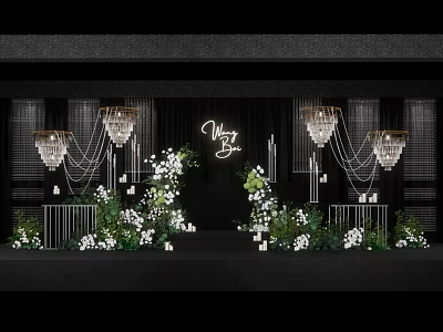 Elegant Wedding Stage Design With Crystal Chandeliers White Flowers And Mr Mrs Signage 3d model