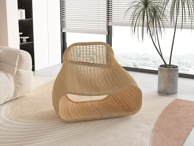 Natural Woven Single Sofa In Modern Living Interior With Large Window And Palm Plant 3d model