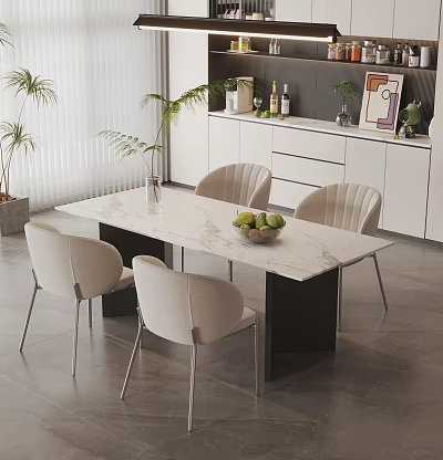 Modern Dining Table Set With Marble Top And White Chairs Near Plants And Cabinets 3d model