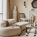 Modern Elegant Living Room With Beige Walls White Chandelier Marble Fireplace And Round Mirrors