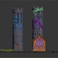 Cartoon Scene With Two Towers Small House Blue Roof Colorful Grass And Glowing Areas