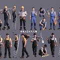 Group of Plumbers Working with Tools Ladders and Pipes in Various Positions