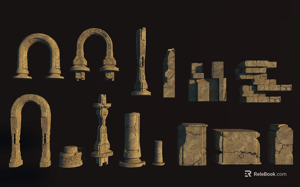 Classical Stone Architectural Scene Components Including Arches Columns Pedestals And Blocks 3d model