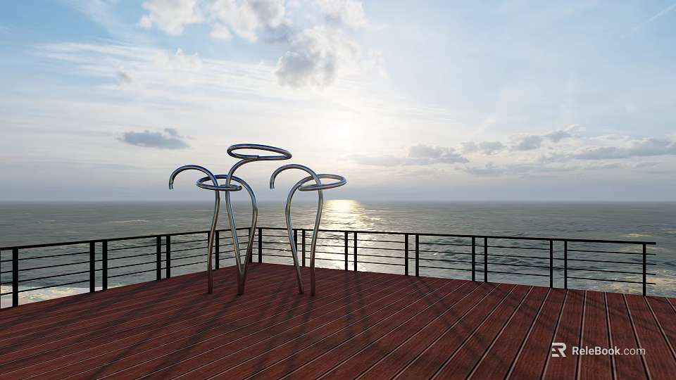 Modern Metal Garden Ornament on Wooden Deck with Sea View Sunset and Railing 3d model 