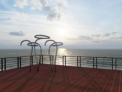 Modern Metal Garden Ornament on Wooden Deck with Sea View Sunset and Railing 3d model