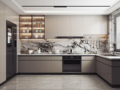 Modern Kitchen Interior with Light Gray Cabinets Marble Backsplash and Appliances 3d model
